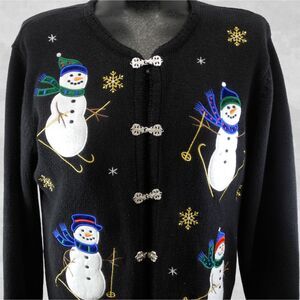 Vintage Christmas Cardigan Sweater Womens Small Crystal Kobe Snowman Metal Clasp